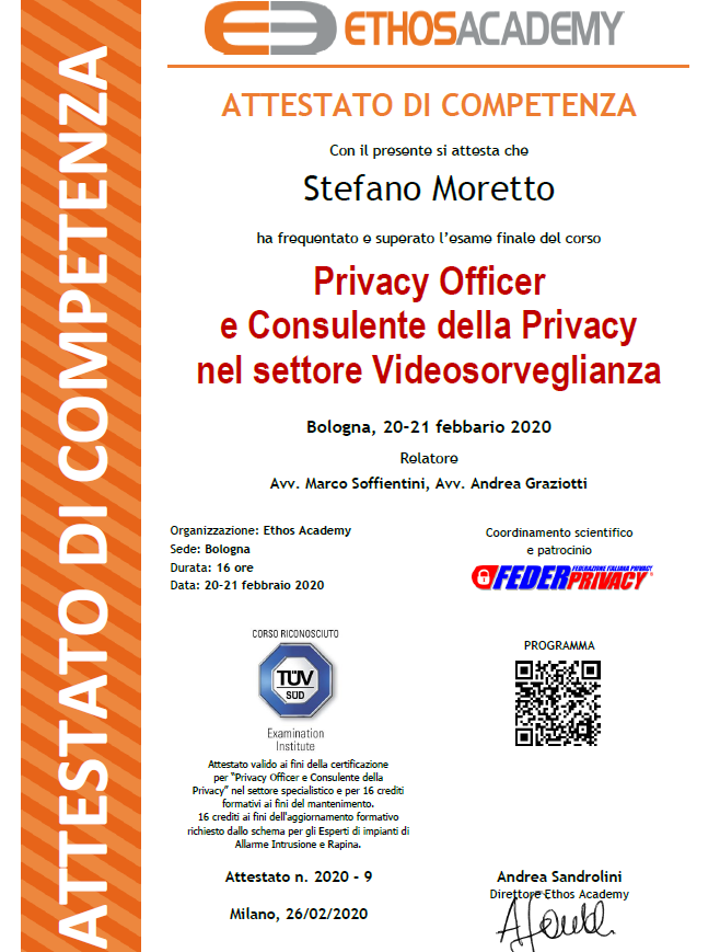 Attestato Privacy Officer e Consulente della Privacy nel settore Videosorveglianza