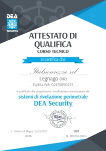 Certificazione che dichiara Italsicurezza come qualificata alla progettazione, installazione e manutenzione di sistemi antintrusione invisibili DEA Security