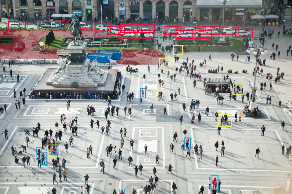 Software di analisi video riconosce auto, persone e biciclette in una piazza di una città