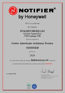 Certificazione Centro Autorizzato Assistenza Tecnica Notifier 2026 per Italsicurezza